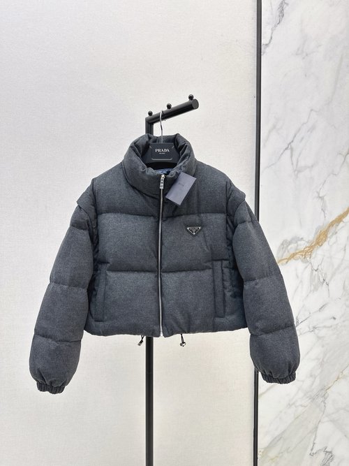 Prada Detachable-sleeve Down Puffer Jacket with Logo and H-shape