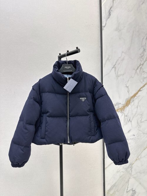 Prada Detachable-sleeve Down Puffer Jacket with Logo and H-shape