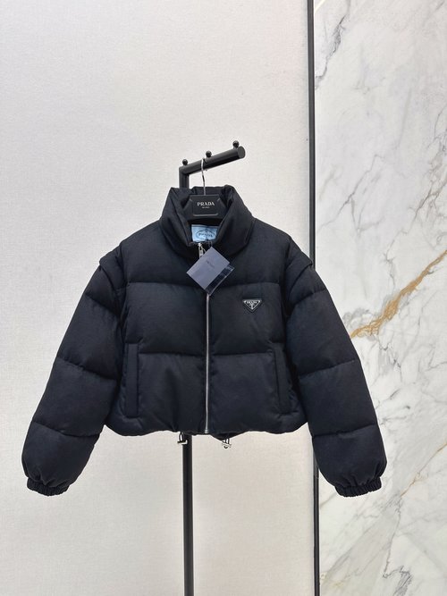 Prada Detachable-sleeve Down Puffer Jacket with Logo and H-shape