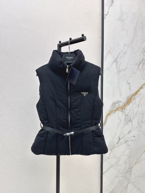 Prada Stand-collar Belted Woolen Down Vest with Logo Decoration