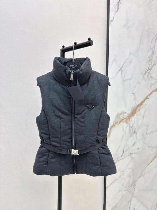 Prada Stand-collar Belted Woolen Down Vest with Logo Decoration