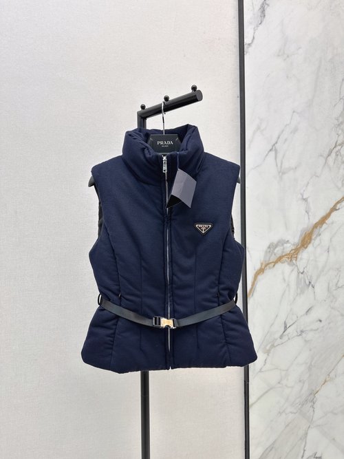 Prada Stand-collar Belted Woolen Down Vest with Logo Decoration