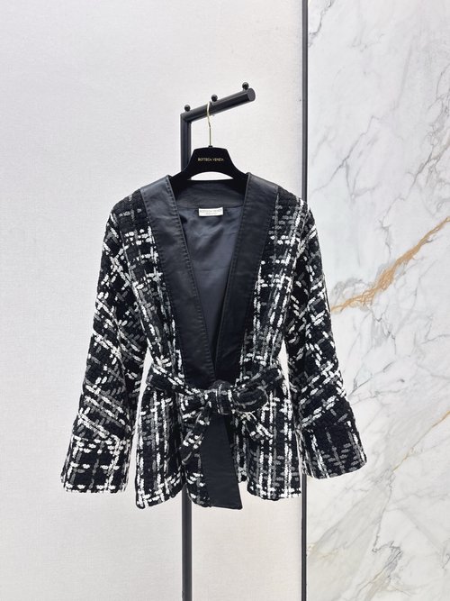 Bottega Veneta Elegant and High-Class Leather-Trimmed Knitted Coat