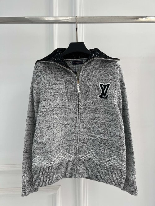Louis Vuitton Collaborative Fancy Grey Pearl Zipper Contrast Knit Cardigan