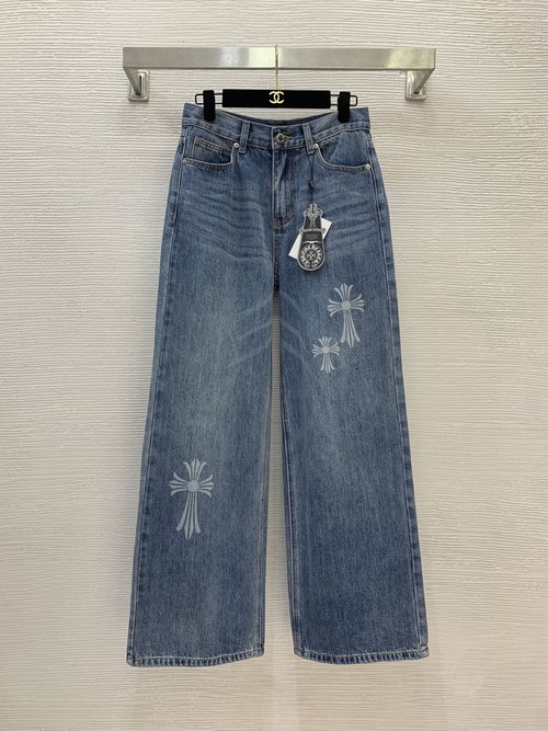Chrome Hearts Loose Wide-Leg Jeans with Cross Print and Badge