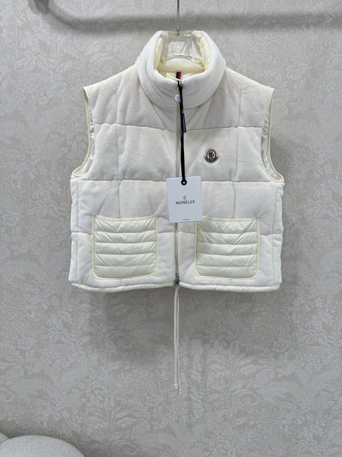 Moncler Down Vest with Spliced Fabric, Standing Collar and 90% White Goose Down