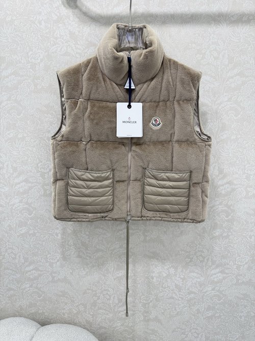 Moncler Down Vest with Spliced Fabric, Standing Collar and 90% White Goose Down