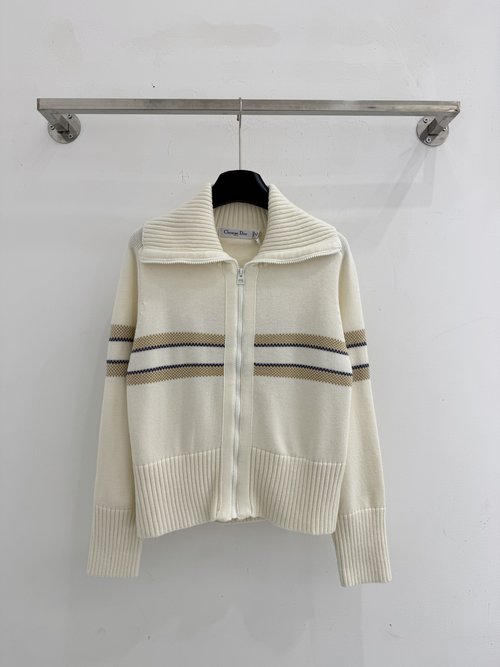 Dior CD High Collar Zip-Up Top with Contrast Stripes