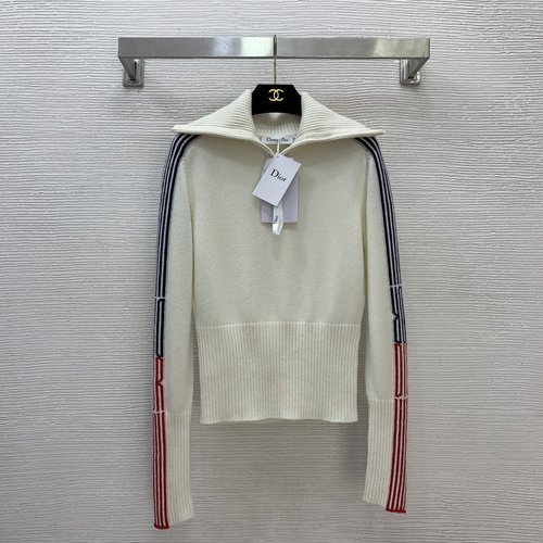 Dior New High-end Customized Cashmere Knit Top with Stripe Sleeves