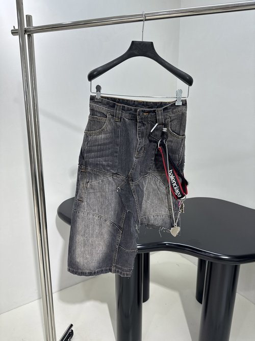 Balenciaga Oversized Denim Skirt with Chain Accents and Distressed Finish