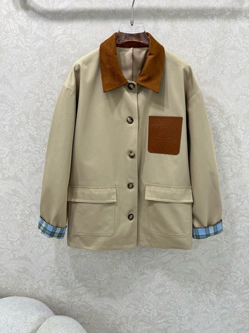 Loewe Classic Single-Breasted Jacket with Suede Collar and Checked Lining