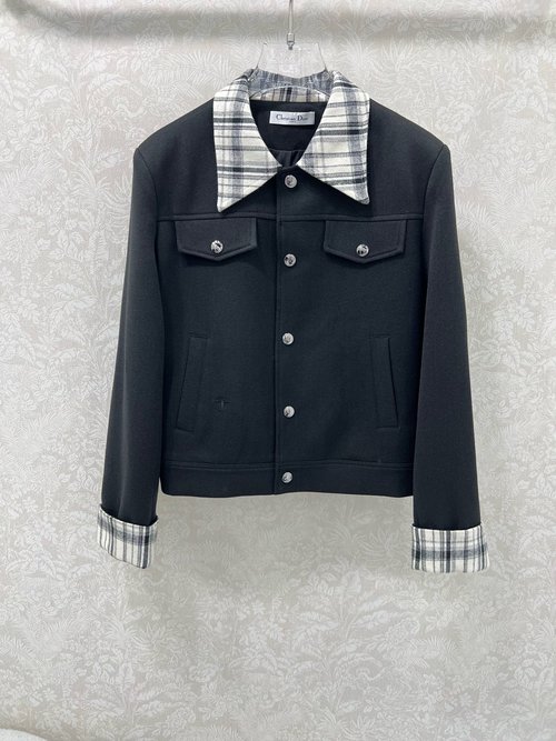 Dior Woolen Short Jacket with Checked Trim and Bee Embroidery