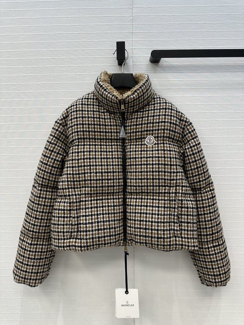 Moncler Exclusive Wool Houndstooth Down Jacket with Teddy Collar