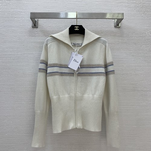Dior Beige Cashmere Knit Cardigan with Stripes and Logo