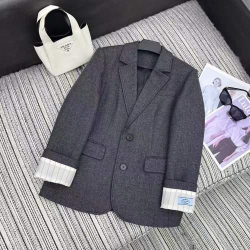 Prada Wool Houndstooth Blazer with Striped Cuffs