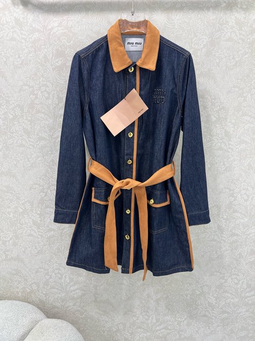Miu Miu Denim Dress with Suede Splicing and Belted Waist