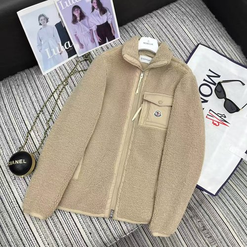Moncler Teddy Fleece Jacket with Lamb Wool Collar and Emblem Pocket