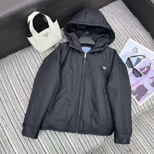 Prada Hooded Jacket Cotton Coat with Classic Inverted Triangle Logo