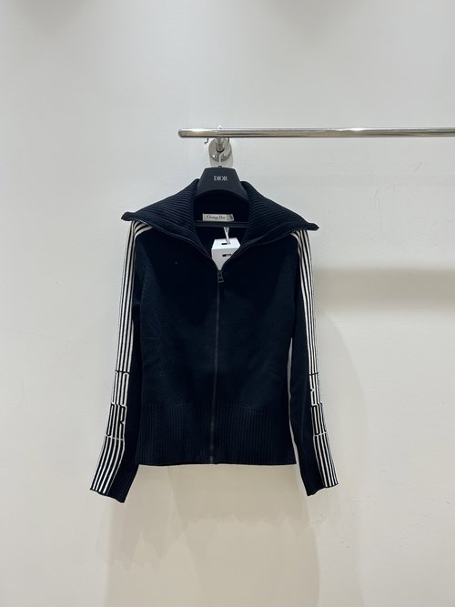 Dior Navy - collared Zip - up Jacket: Black - white Color - blocked and Classic