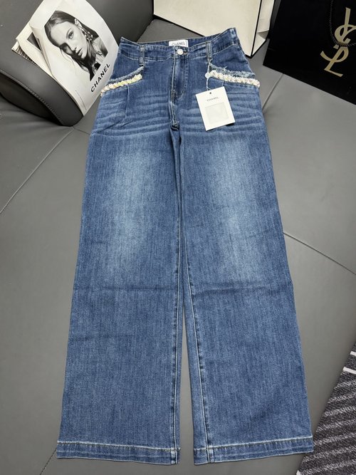 Chanel Elastic Straight-Leg Jeans with Heavy-Work Decoration, Stylish