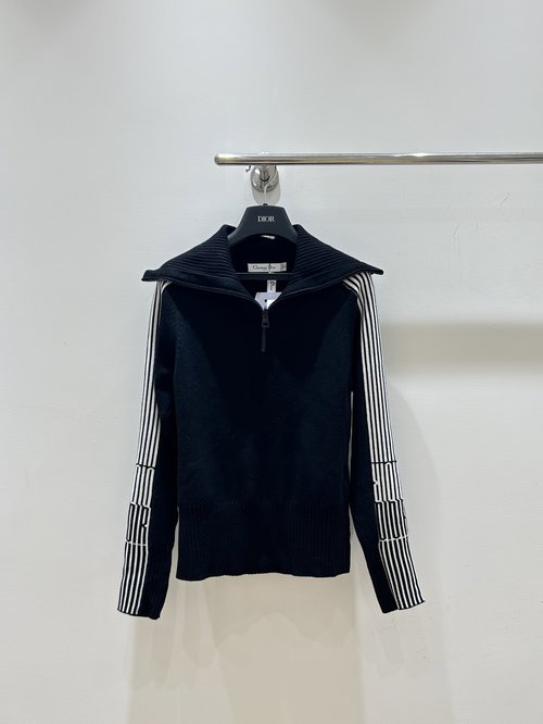 Dior Navy - collared Knit Long - sleeve: Color - blocked and Elegant