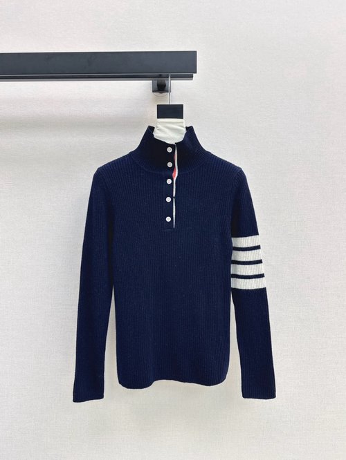 Thom Browne Exclusive Collared Knit Top with Striped Arms