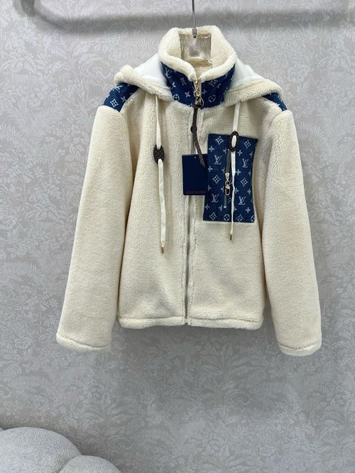 Louis Vuitton Hooded Faux Teddy Lamb Coat with Brand Mark and Warmth