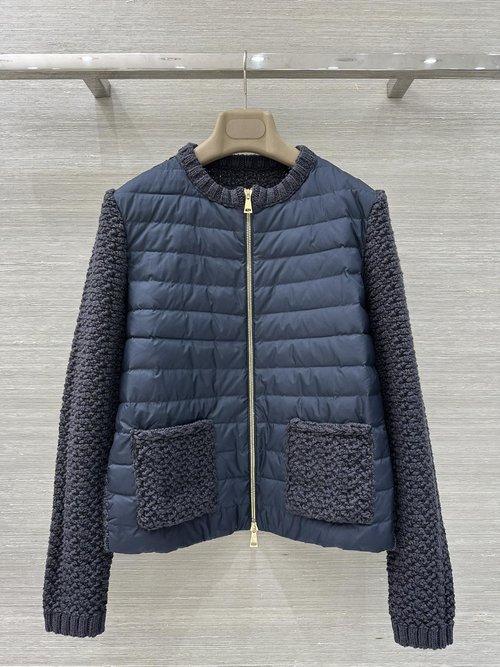Moncler Double Pocket Knit Spliced Zipper Down Jacket with Brand Logo