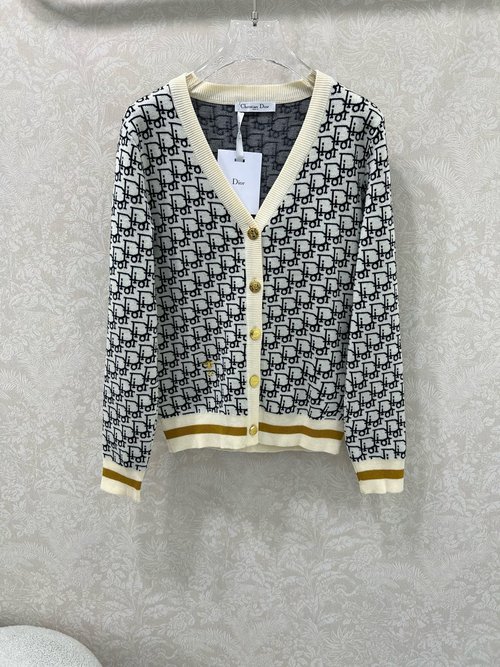 Dior Wool V-Neck Knit Cardigan with Letter Jacquard and Bee Embellishment