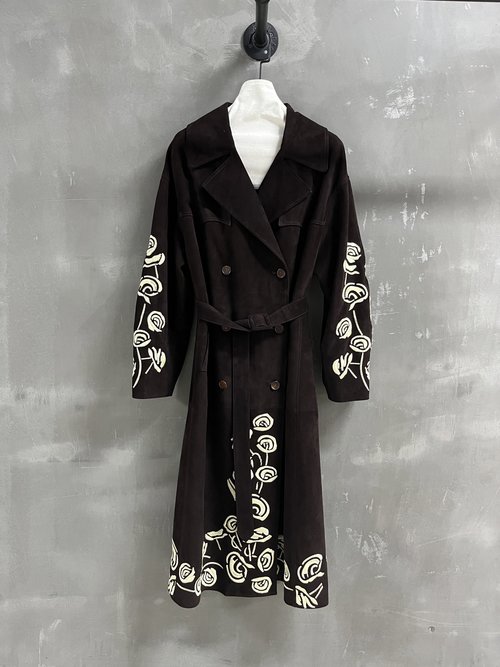Roger Viver Classic Lace Coat with Heavy Embroidery and Leather
