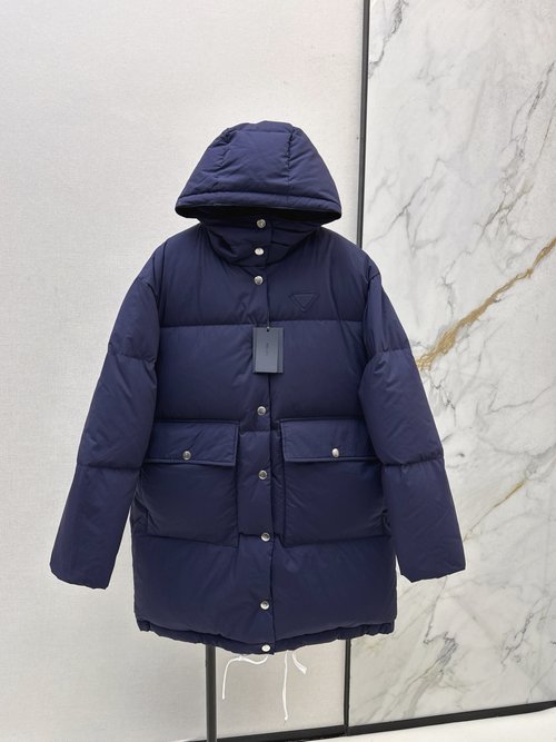Prada Zippered Hooded Long Down Jacket with Triangle Logo, Imported High-Quality White Goose Down Filling