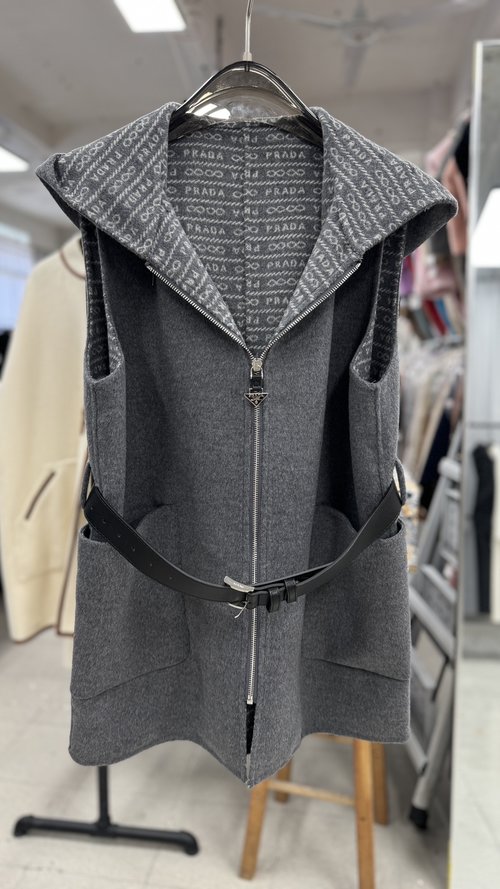 Prada Buttoned Hooded Wool Vest in Grey, Blue, and Camel