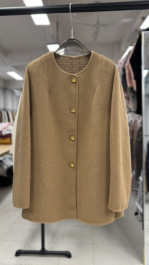 Prada Buttoned Round-Neck Short Wool Coat in Grey, Blue, and Camel