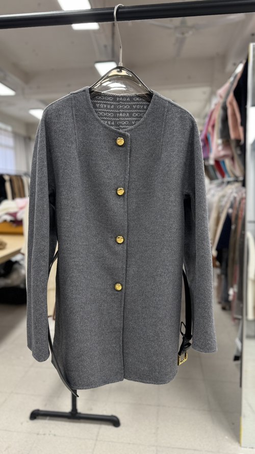 Prada Buttoned Round-Neck Short Wool Coat in Grey, Blue, and Camel