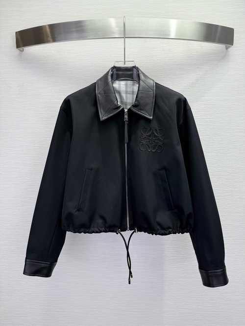 Loewe Stylish Leather-Collar Jacket with Logo Embroidery