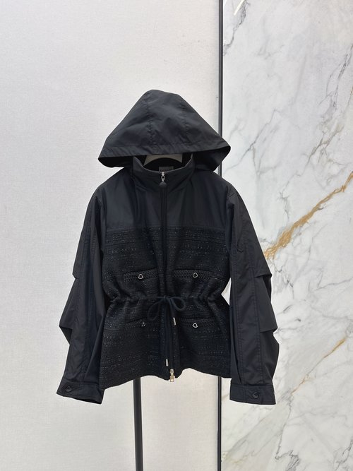 Moncler Drawstring Waist Mid-Length Hooded Windbreaker with Textured Design