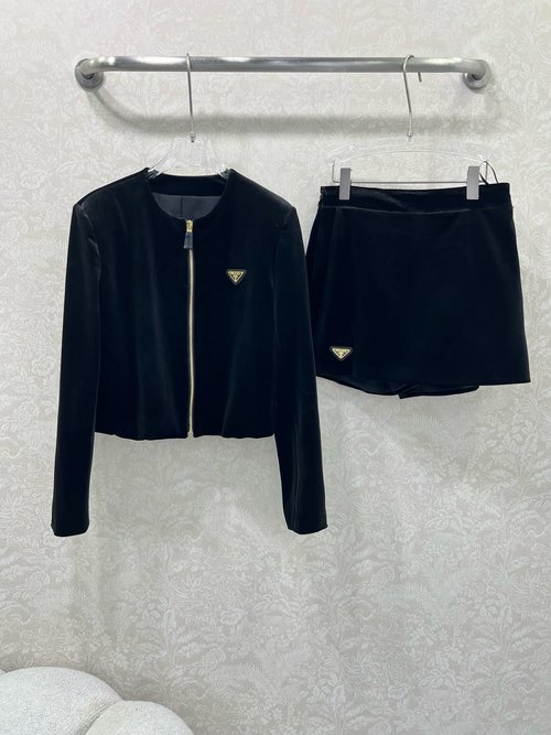 Prada Velvet Long Sleeve Suit with Triangle Logo and A-line Shorts