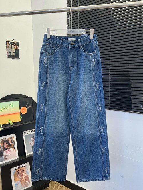 Yves Saint Laurent Chic Side Rhinestone Letter Jeans