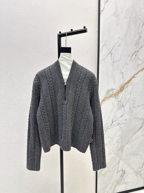 Loewe V-neck Single-button Wool Sweater with Swiss Knit Pattern