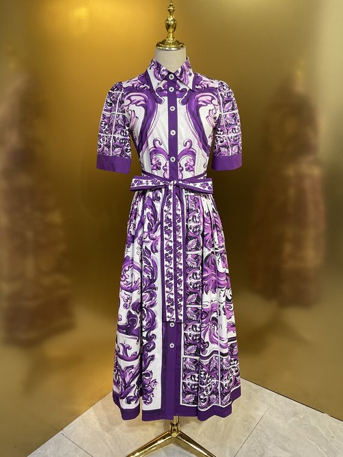 Dolce & Gabbana Purple Glaze Printed Cotton Waist-Collecting Swing Shirt Dress