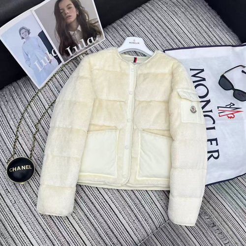 Moncler Mon Series Teddy Fleece Down Jacket with Classic Sleeve Logo