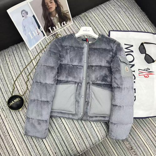 Moncler Mon Series Teddy Fleece Down Jacket with Classic Sleeve Logo