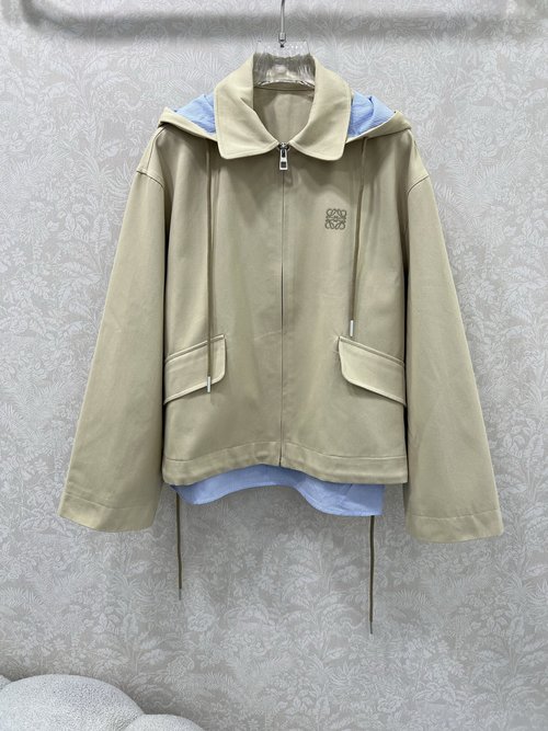 Loewe Detachable Hooded Windbreaker with Blue Stripe Lining and Logo Embroidery