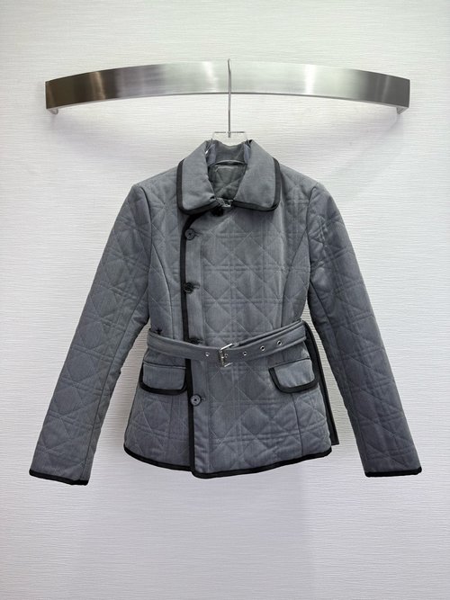 Dior Quality Collared Cotton Jacket with Vine Check and Self - Fabric Belt