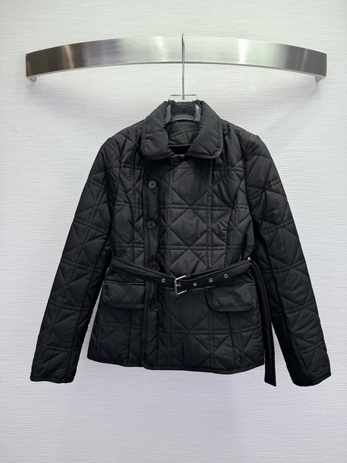 Dior Quality Collared Cotton Jacket with Vine Check and Self - Fabric Belt