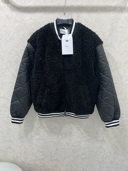 Dior Teddy Furry Baseball Cotton Coat with Contrasting Materials