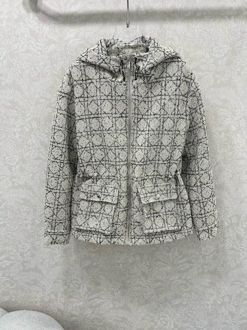 Dior Classic Wicker Plaid Hooded Waist Drawstring Coat with Elegant Charm