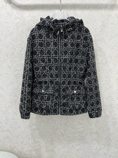 Dior Classic Wicker Plaid Hooded Waist Drawstring Coat with Elegant Charm