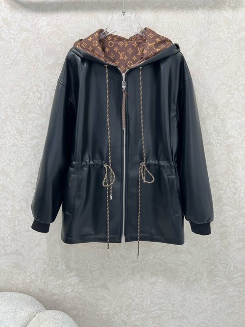Louis Vuitton Pu Wash Leather Lined Zipper Leather Jacket with Hood and Waist Drawstring