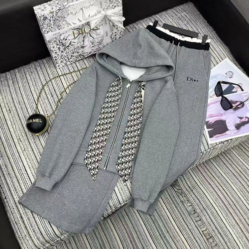 Dior Print Scarf Hoodie and Flare Pants Suit in Two Colors